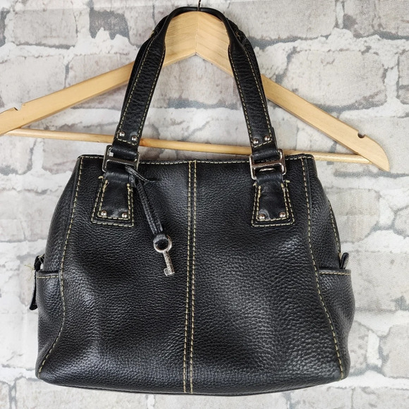 Fossil Blackburn Black Pebble Leather Shoulder  Bag Purse 2 Handle - Picture 1 of 15